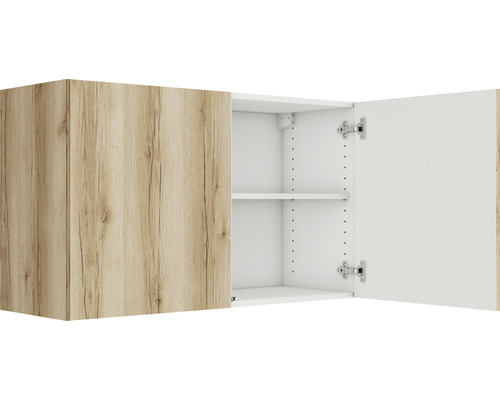 Meuble haut avec deux portes, dont une ouverte, et étagère intérieure