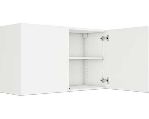 Meuble haut blanc avec deux portes ouvertes et une étagère