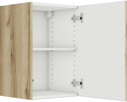 Armoire suspendue ouverte avec une étagère et une porte décor bois