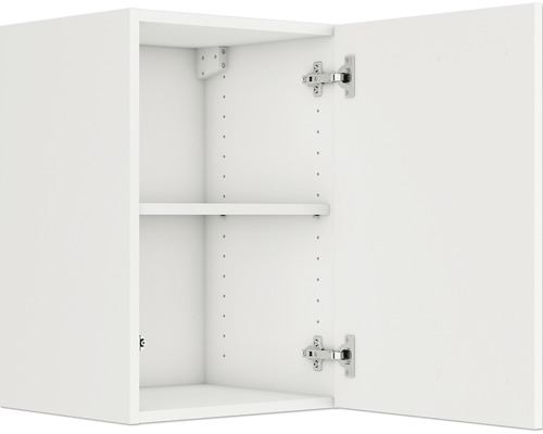 Meuble haut blanc avec porte ouverte et une étagère.