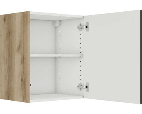 Élément haut avec une porte imitation bois et un compartiment ouvert avec étagère