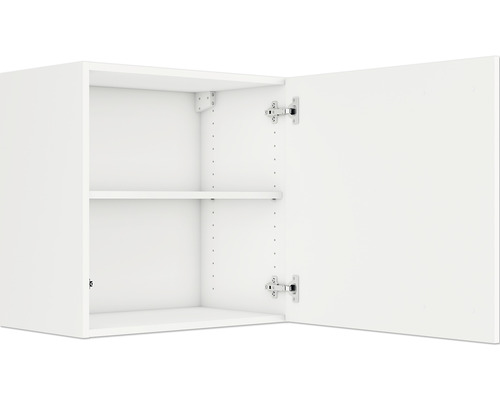 Armoire haute blanche avec porte ouverte et deux étagères.