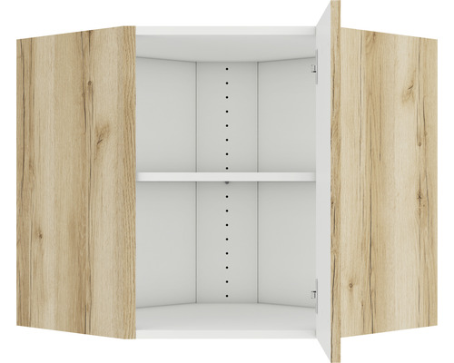 Meuble haut d''angle ouvert avec étagères et décor bois