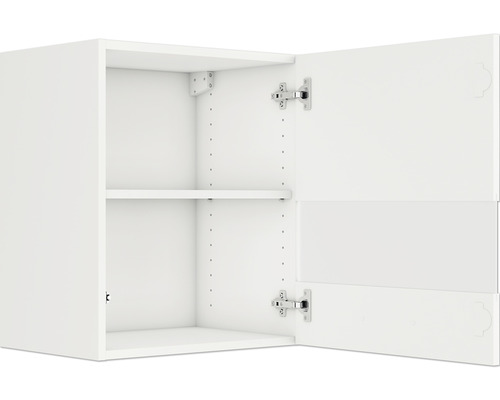 Armoire haute blanche avec étagères et portes ouvertes