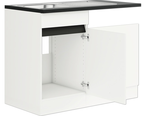 Optifit Spülenschrank inkl Spüle Geschirrspülerblende für teilintegrierten Geschirrspüler Geschirrspülerblende inkl Sockelleiste und Arbeitsplatte Luca932 BxTxH 50x60x88 cm weiss matt zerlegt Anschlag reversibel (links oder rechts montierbar) Küchenspülenunterschrank mit offener Tür.