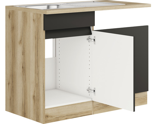 Optifit Spülenschrank inkl Spüle Geschirrspülerblende für teilintegrierten Geschirrspüler Geschirrspülerblende inkl Sockelleiste und Arbeitsplatte Noah420 BxTxH 50x60x88 cm anthrazit matt zerlegt Anschlag reversibel (links oder rechts montierbar)