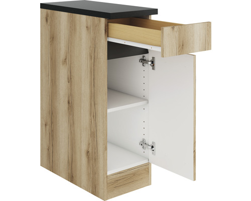Meuble bas de cuisine avec tiroir et porte ouverte