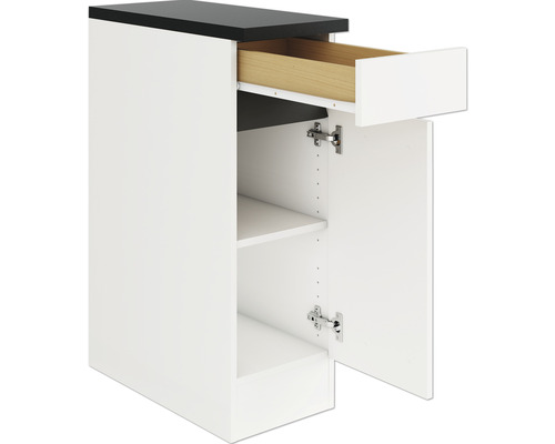 Meuble bas avec tiroir, étagère et porte ouverte