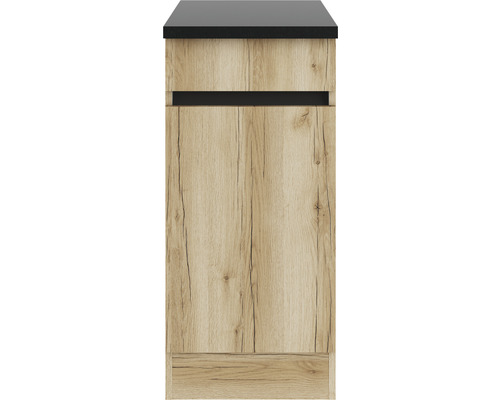 Meuble bas de salle de bains avec décor bois et plateau noir