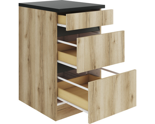 Meuble bas de cuisine avec trois tiroirs à décor bois