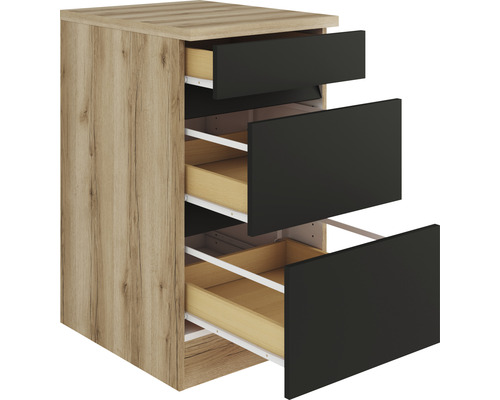 Optifit Auszugunterschrank Noah420 BxTxH 50x60x88 cm anthrazit matt zerlegt Schrank mit drei Schubladen in Holzoptik und mit schwarzen Fronten