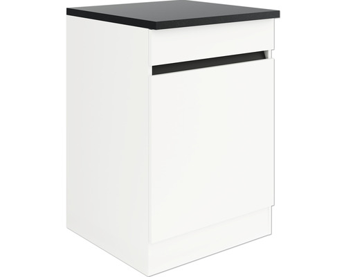 Meuble bas blanc avec dessus de table sombre pour salle de bains