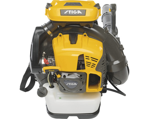 Vue arrière d''un souffleur de feuilles jaune de la marque Stiga