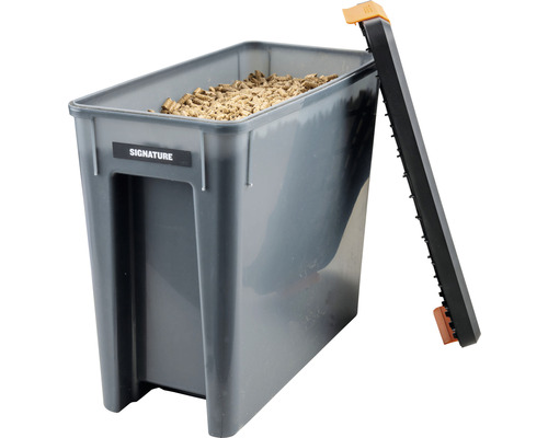 Grauer Pelletbehälter mit Deckel für Heizmaterial