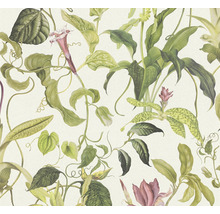 Tapete mit botanischem Muster von Blättern und Blüten