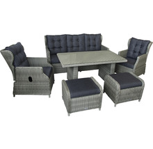 Gartenmöbelset mit Tisch, Bank, Sesseln und Hockern aus Rattan