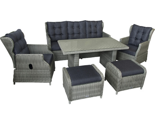 Kit dining set de meubles de jardin set lounge 5 places comprenant: canapé trois places, 2 fauteuils, 2 tabourets, table, avec galettes d'assise rotin synthétique aluminium marron Kit dining set de meubles de jardin set lounge 5 places comprenant: canapé trois places, 2 fauteuils, 2 tabourets, table, avec galettes d'assise rotin synthétique aluminium marron