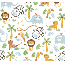 Illustration avec des animaux de la jungle tels que des éléphants, des singes, des lions, des tigres, des léopards, des serpents et des oiseaux