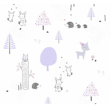 Papier peint avec des motifs d''animaux forestiers, comprenant des lapins, des hérissons, des chevreuils et des hiboux.