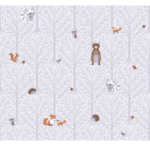 Tapete mit Waldtier-Motiv, einschließlich Bären, Füchse, Eulen, Waschbären, Eichhörnchen und Igel vor Baumkulisse