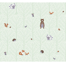 Papier peint avec des motifs d''animaux forestiers tels que des ours, des renards et des hiboux