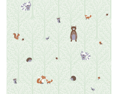 Papier peint avec des motifs d''animaux forestiers tels que des ours, des renards et des hiboux