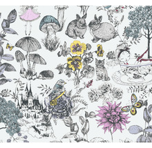 Muster mit Illustrationen von Märchenfiguren, Tieren und Pflanzen