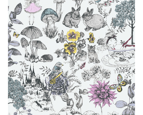 Motif avec des illustrations de personnages de contes de fées, d''animaux et de plantes