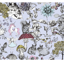 Motif avec licorne, écureuil, fée, champignons, lapins et château