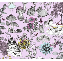 Motif avec des illustrations d''animaux de la forêt, de fleurs, de champignons, d''un château et d''une fée