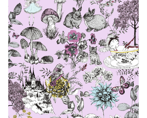 Motif avec des illustrations d''animaux de la forêt, de fleurs, de champignons, d''un château et d''une fée