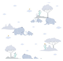 Papier peint avec motif d''éléphants, d''arbres et de nuages pour chambre d''enfant