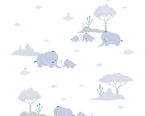 Papier peint avec motif d''éléphants, d''arbres et de nuages pour chambre d''enfant