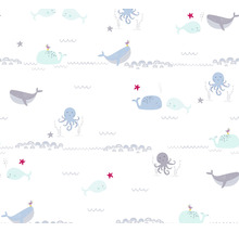 Papier peint avec baleines, poulpes et étoiles