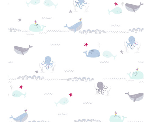 Papier peint intissé 38130-1 Little Love animaux marins bleu gris Papier peint avec baleines, poulpes et étoiles