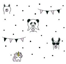Tapete mit Lama, Panda, Einhorn und Wimpelketten Muster