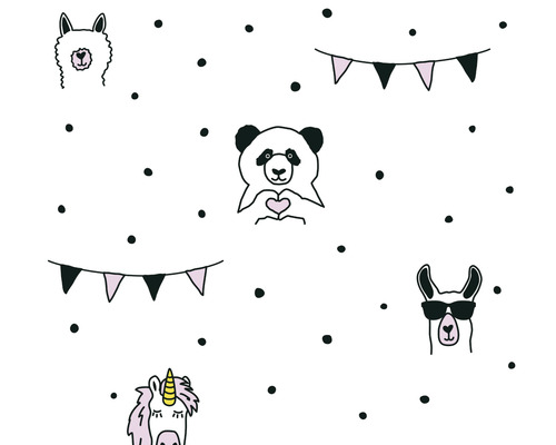 Papier peint avec motif lama, panda, licorne et guirlandes de fanions