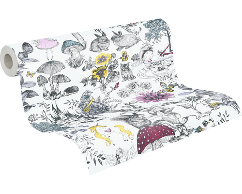 Tapetenrolle mit Märchenmotiven, inklusive Pilze, Tiere und Blumen
