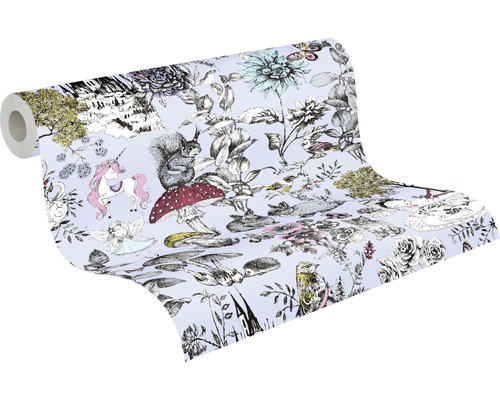 Rouleau de papier peint avec motifs de licorne, d''animaux et de plantes