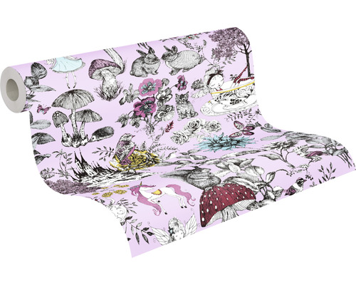 Rouleau de papier peint avec des motifs de contes de fées tels que des champignons, des animaux et des personnages