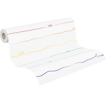 Rouleau de papier peint avec des lignes et des motifs de cœurs aux couleurs de l''arc-en-ciel