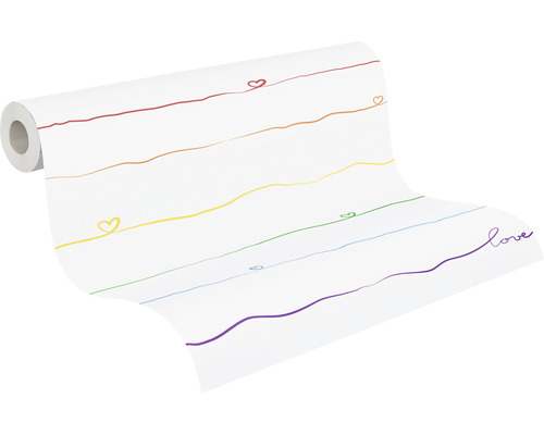 Rouleau de papier peint avec des lignes et des motifs de cœurs aux couleurs de l''arc-en-ciel