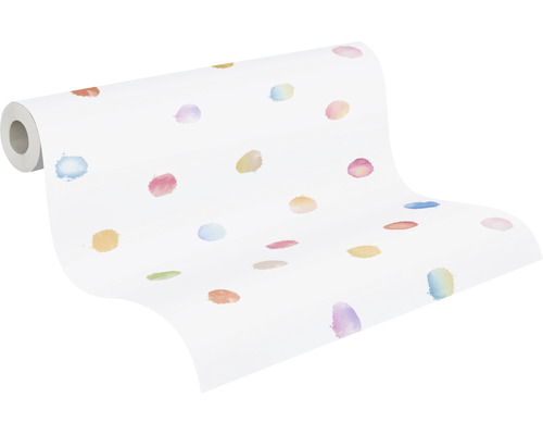 Rouleau de papier peint avec des points multicolores sur fond blanc