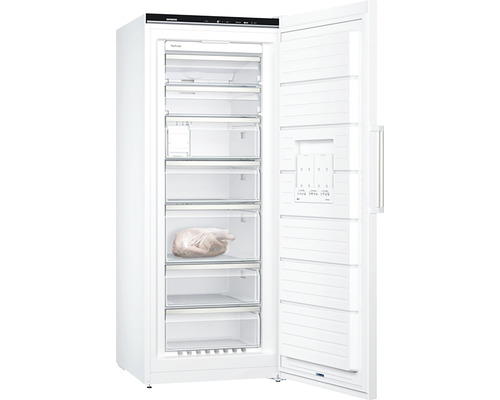 Congélateur Siemens blanc ouvert avec tiroirs et une dinde congelée