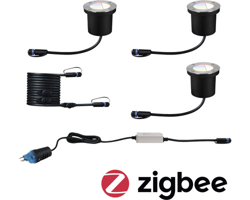 Ensemble de trois projecteurs encastrés au sol avec câble de connexion, câble d''alimentation et logo Zigbee