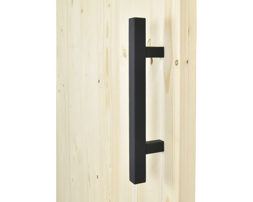 Poignée de porte en tube carré sur porte en bois