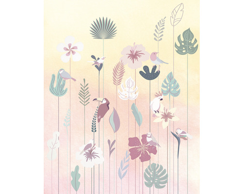 Papier peint panoramique intissé LJX4-012 Le Jardin Rio 4 pces 200 x 250 cm Illustration de fleurs, de feuilles et d''oiseaux tropicaux