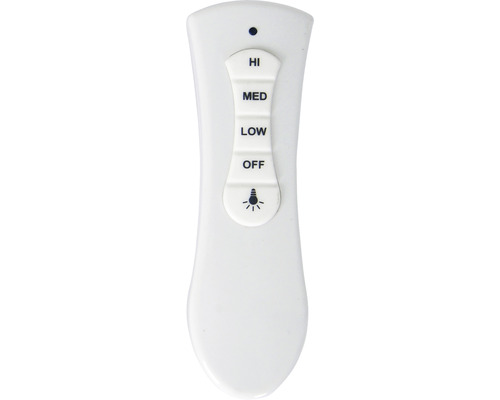 Weisse Fernbedienung mit Tasten für hohe, mittlere, niedrige und ausgeschaltete Stufen sowie eine Lichtsteuerung