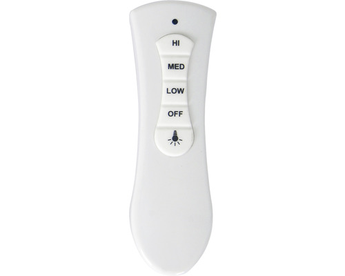 Télécommande pour ventilateur de plafond avec les réglages suivants : élevé, moyen, faible, arrêt et lumière