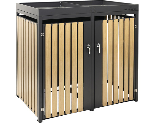 Cache-poubelle pour deux poubelles avec portes en bois